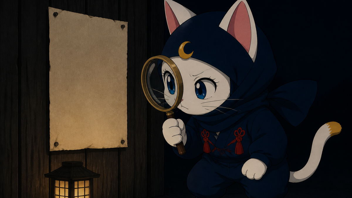 虫眼鏡で張り紙を調べる猫忍者