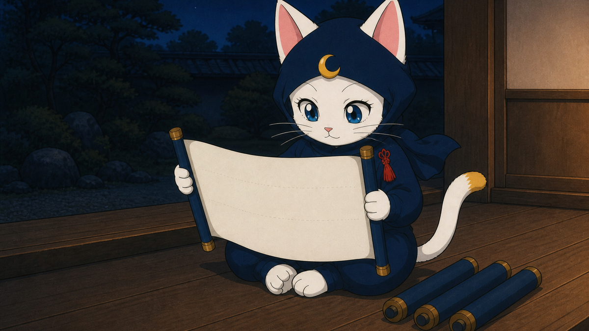 縁側で巻物を読む猫忍者