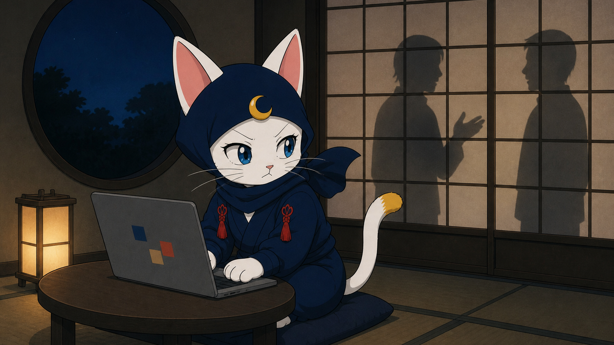 座卓でノートPCに向かう猫忍者