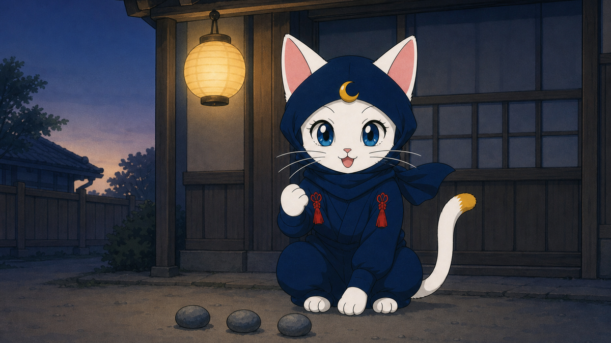 3つの石を並べて考えがまとまった猫忍者