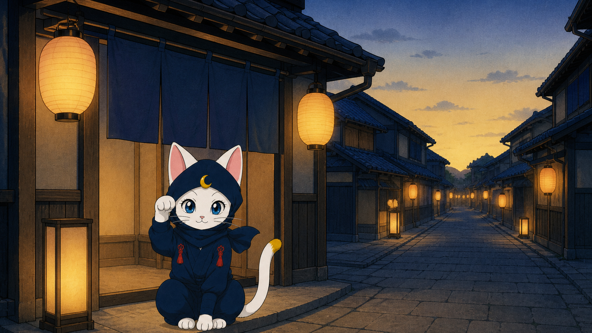 夜明けの通りで客を招く猫忍者